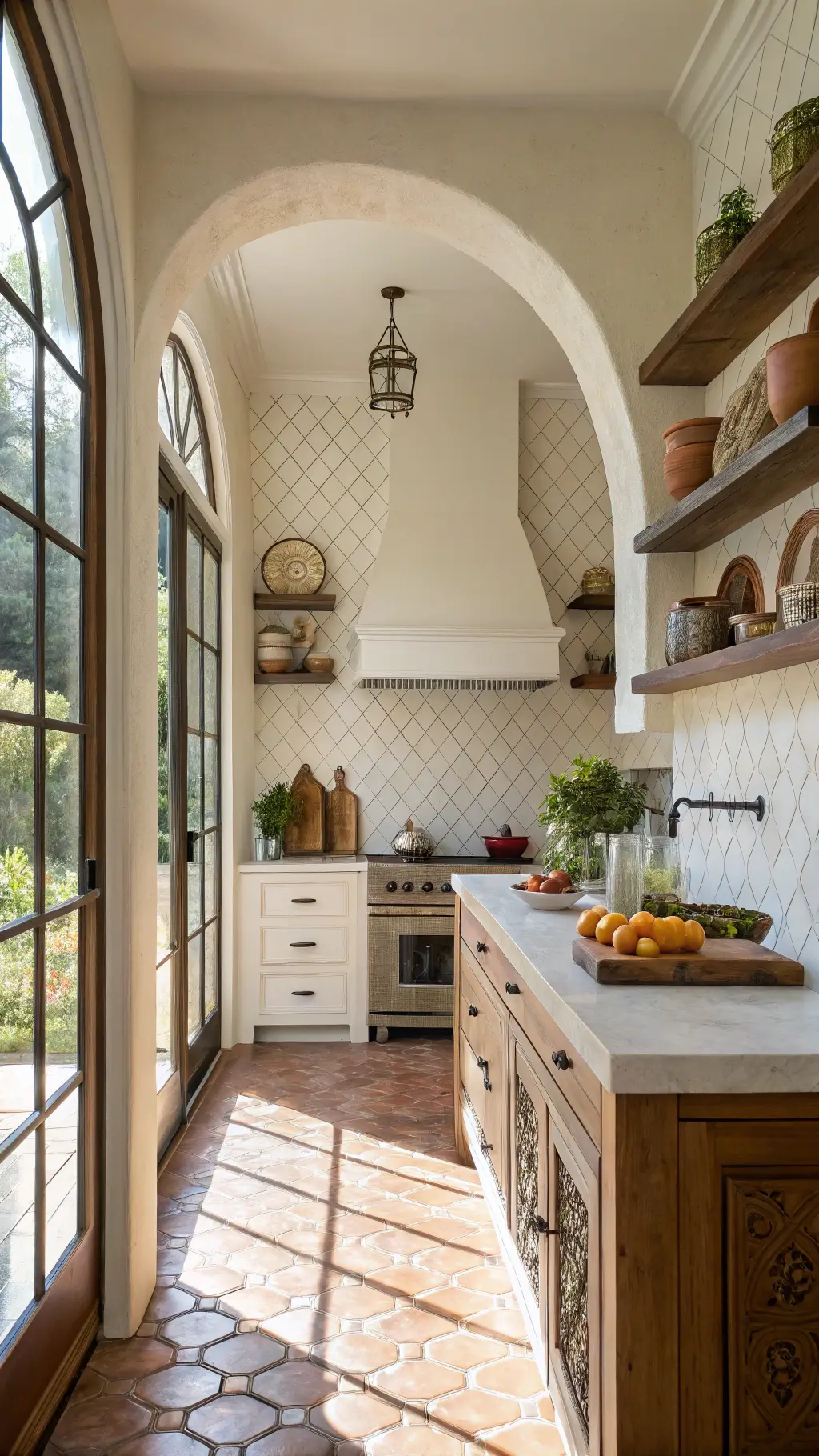 Mediterranean Revival Kitchen with morning light highlighting white ceramic tile backsplash, terra cotta floors, and olive wood shelving, styled with pottery and citrus fruits; viewed from entrance archway.
