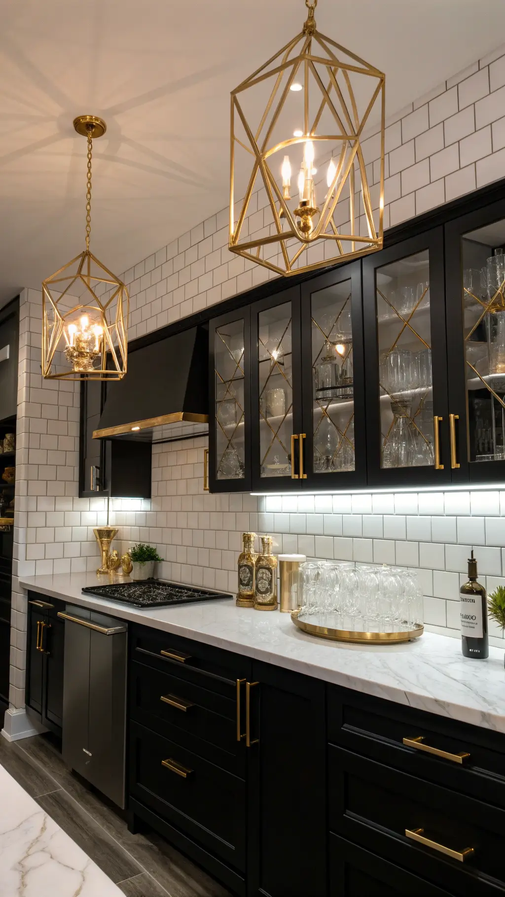Art Deco glam kitchen with white marble subway tile backsplash, black cabinets, geometric pendant lights, brass details and styled with crystal decanters under dramatic evening lighting