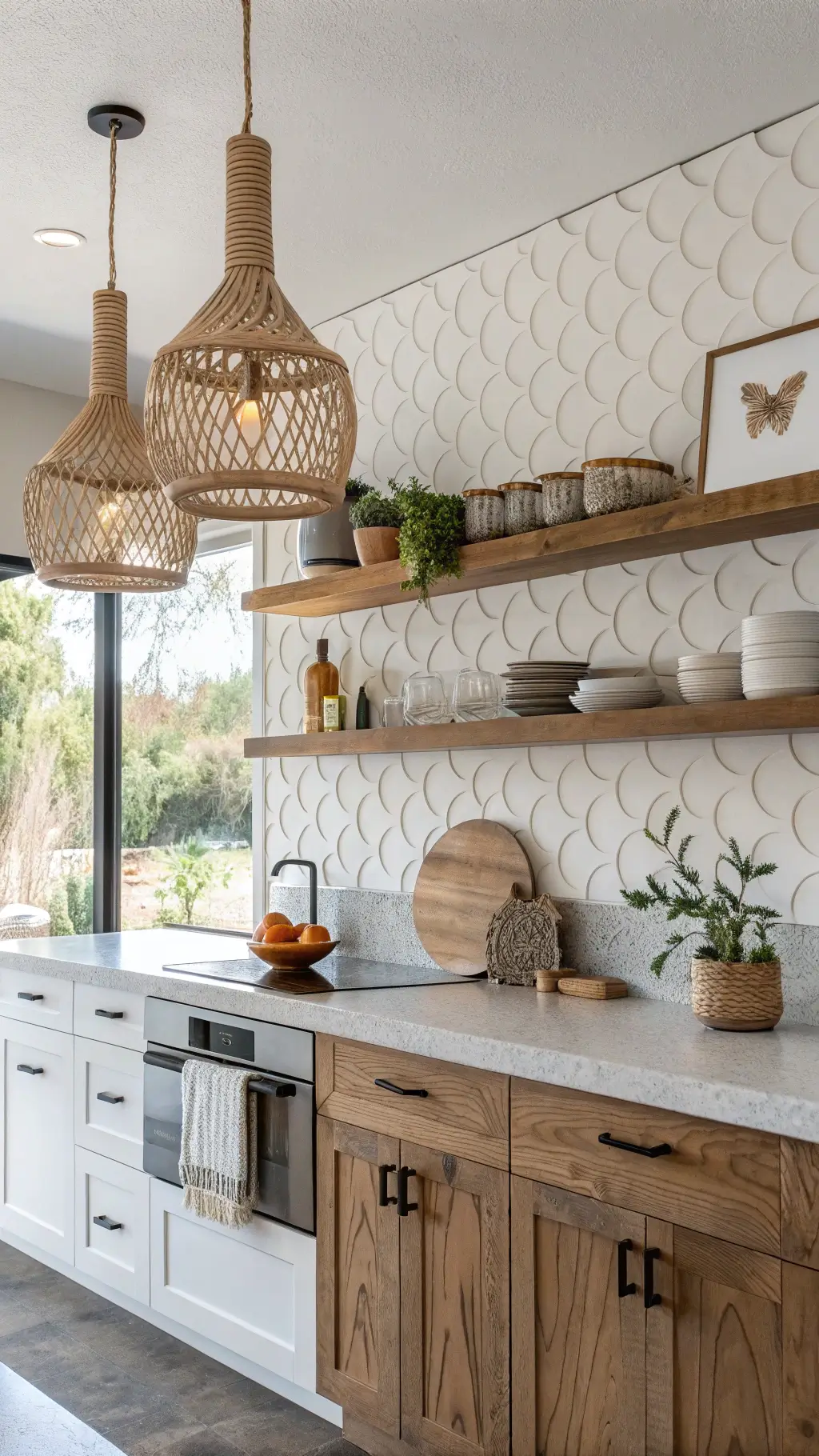 Modern organic kitchen with live-edge wood shelving, concrete counters, and textured white backsplash illuminated by diffused afternoon light. Styled with handmade pottery and dried botanicals, highlighted by warm grey, soft white, and natural wood colors.