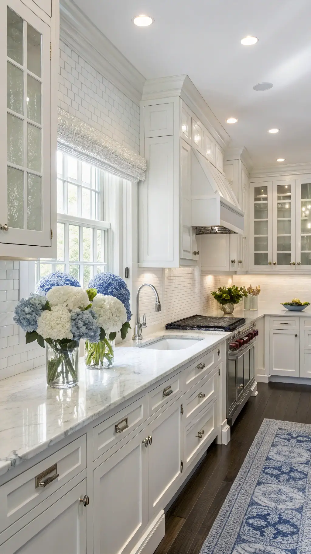 Classic Hampton kitchen with pearl white shaker cabinets, marble counters, and polished nickel fixtures, styled with blue and white chinoiserie and hydrangeas under clean, even midday lighting