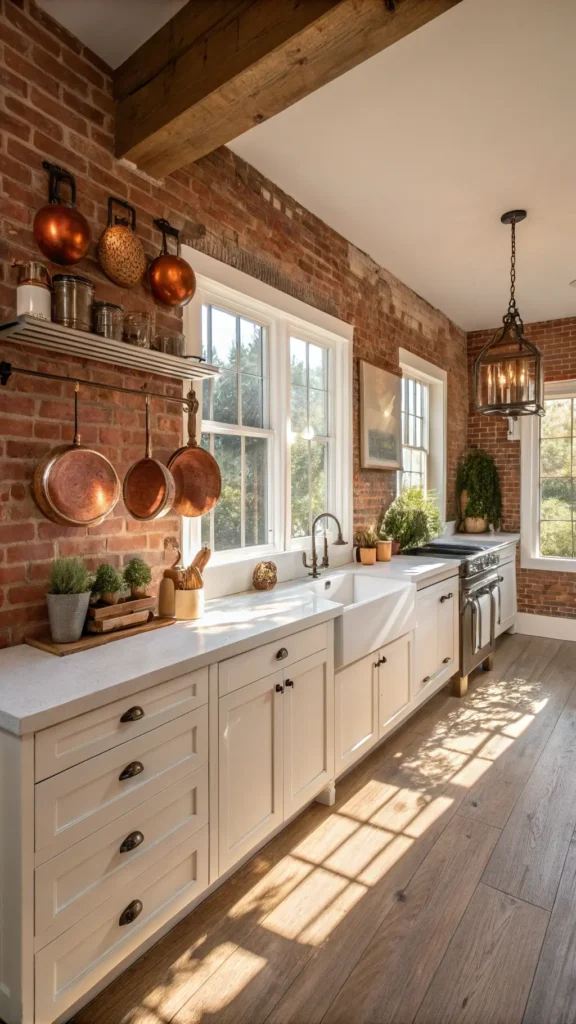 "Sunlit farmhouse kitchen with exposed brick backsplash, white quartz countertops, vintage copper pots, oak flooring, farmhouse sink, herbs in terracotta pots, and cream cabinets at golden hour"