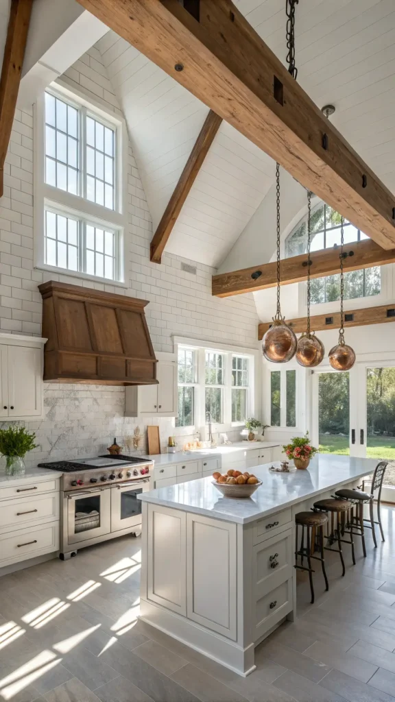 "Sunlit farmhouse kitchen with high ceilings, wooden beams, white tile backsplash, stainless steel range, marble island, and vintage copper pots on a wrought-iron rack."