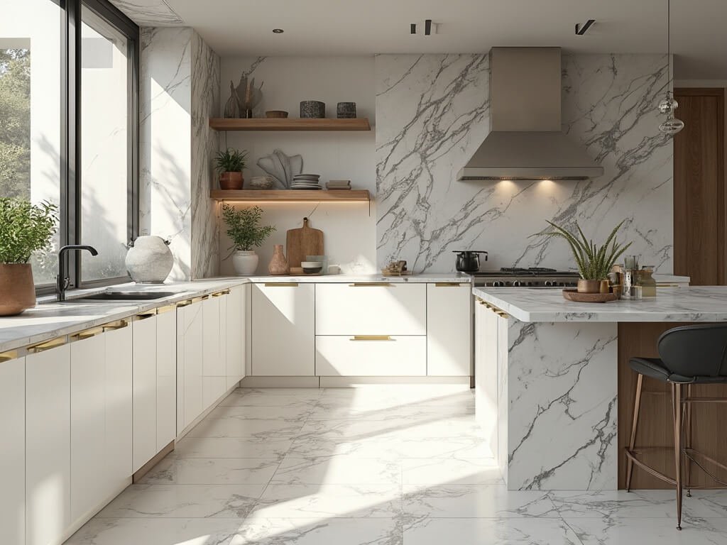 "Modern luxury kitchen with Calacatta marble backsplash, matte black fixtures, white custom cabinetry, and professional-grade stainless steel appliances in golden hour lighting"