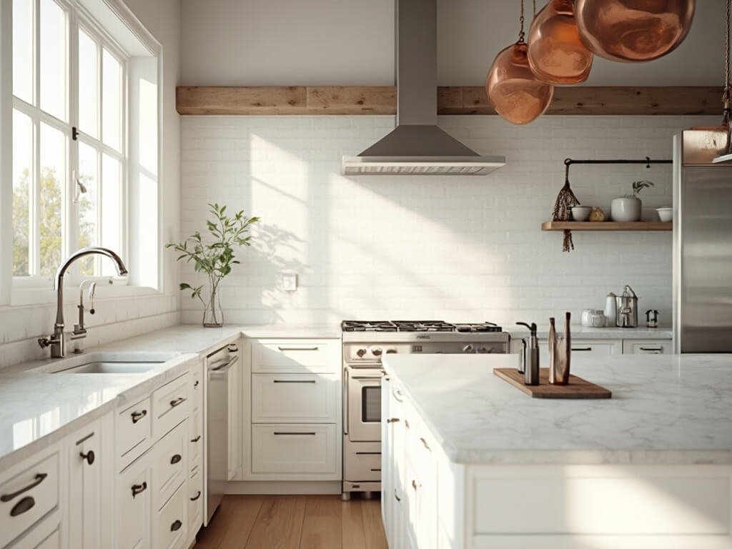 "Modern farmhouse kitchen with white backsplash, Carrara marble countertops, and vintage copper pots in morning sunlight"
