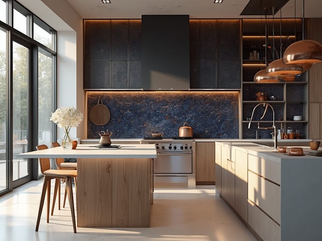 "Modern luxury kitchen featuring navy blue and copper geometric backsplash, white quartz island, walnut cabinets, under-cabinet lighting, copper cookware, and stainless steel appliances during golden hour."