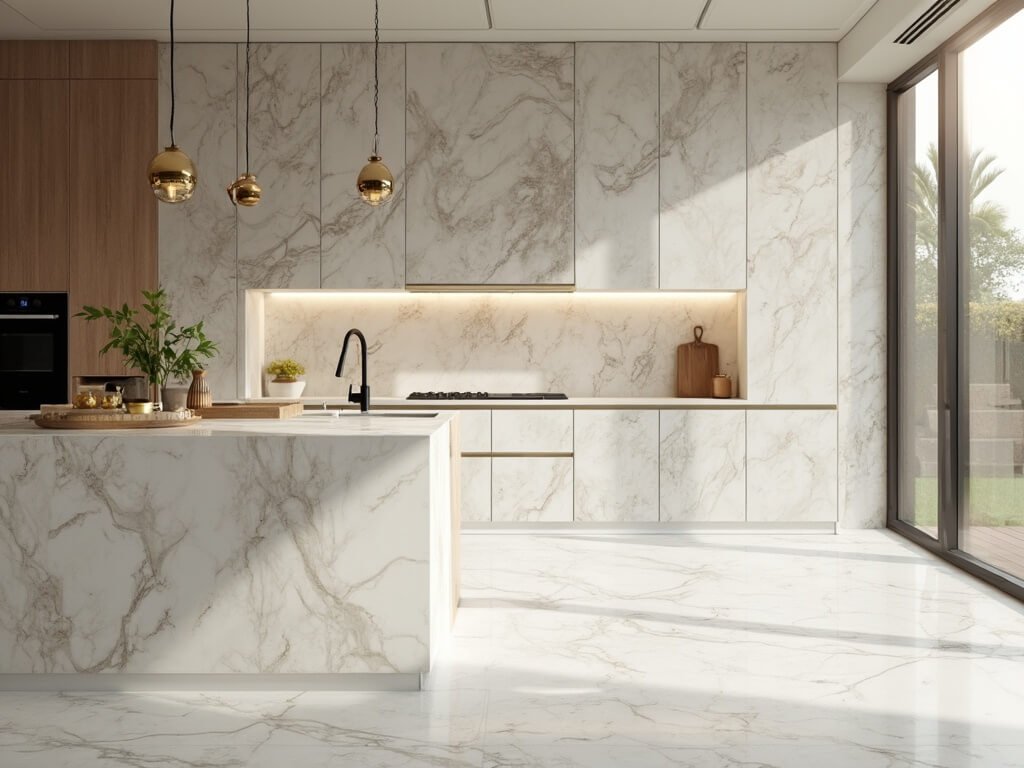 "Modern kitchen with floor-to-ceiling marble backsplash, white quartz island, oak cabinetry, and natural sunlight"
