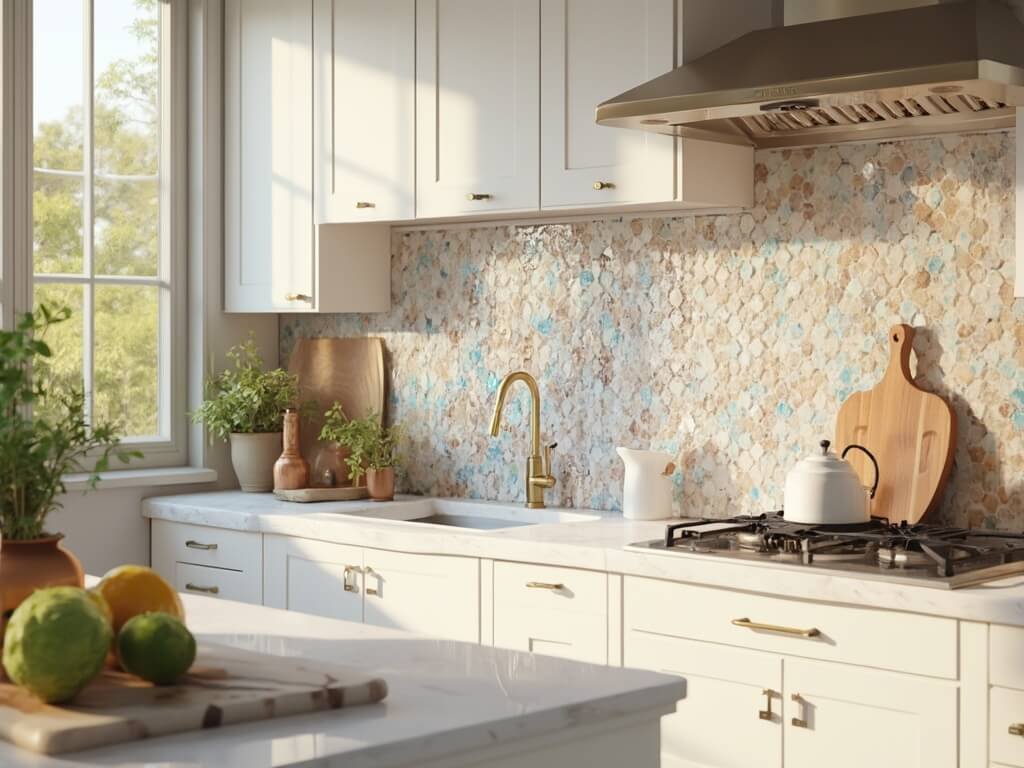 "Luxury modern kitchen with hexagonal glass tile backsplash, white cabinets and quartz waterfall island in warm golden hour light"