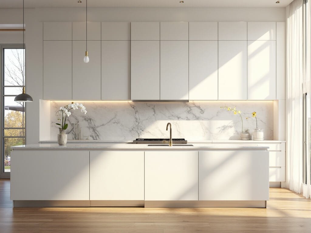 "Modern luxury white kitchen with marble backsplash, stainless steel appliances, and oak flooring, lit with natural sunlight"