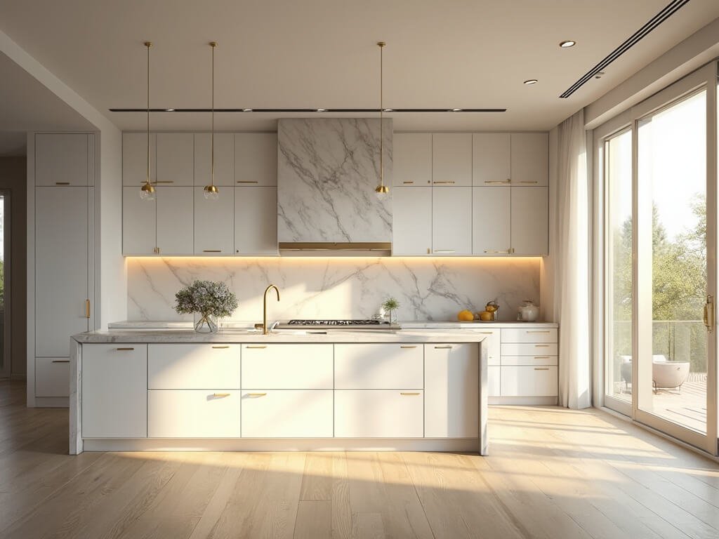 "Modern luxury kitchen with marble-look backsplash, white custom cabinets, and quartz island under golden hour lighting"
