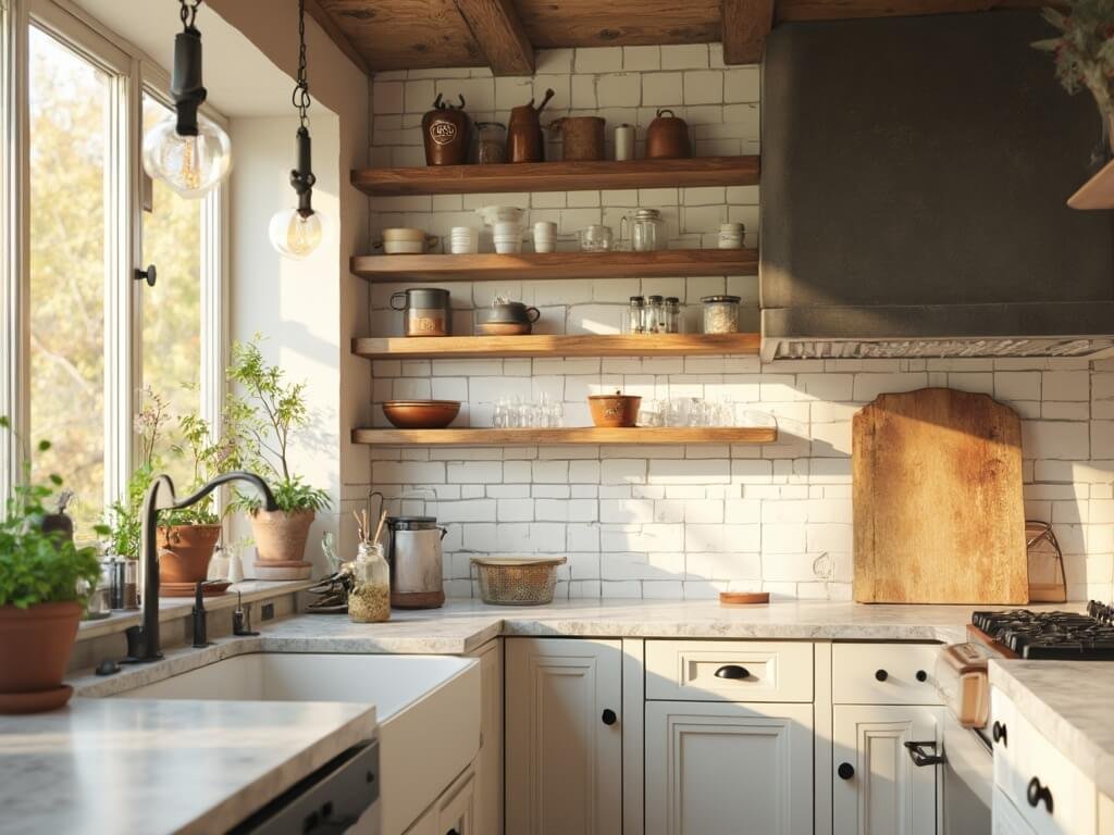 "Rustic farmhouse kitchen with white subway tile backsplash, Carrara marble countertops, and vintage Shaker-style cabinets in golden hour sunlight"