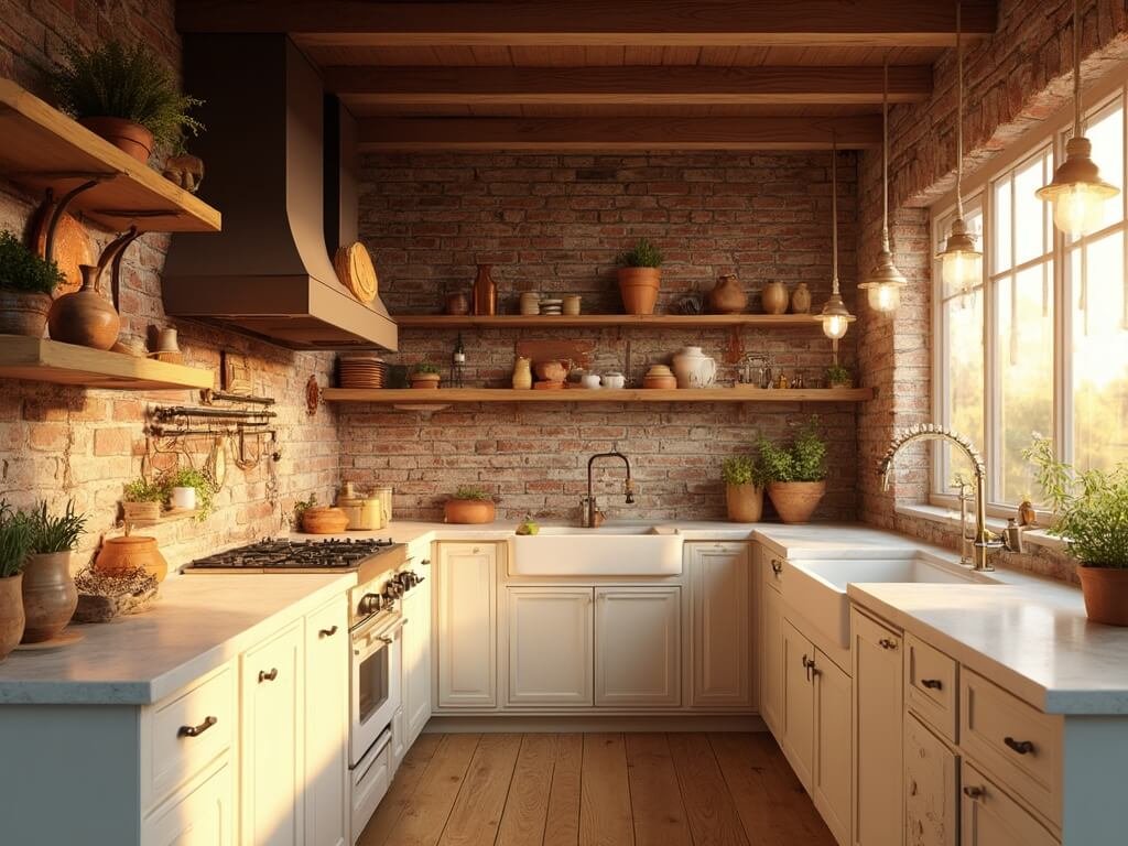 "Rustic farmhouse kitchen with warm sunlight bathing white quartz countertops, cream-colored cabinets, aged brass hardware, and exposed brick backsplash in golden light."