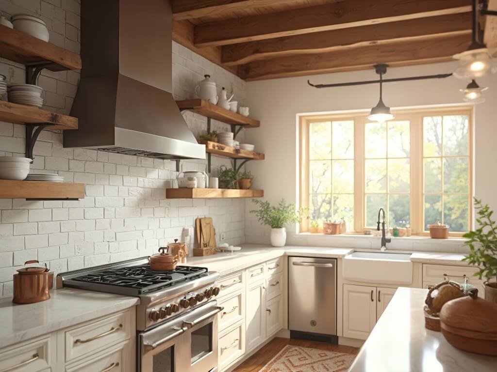 "Sunny farmhouse kitchen with white subway tile backsplash, wooden shelves, marble countertops, and professional-grade stainless steel range"