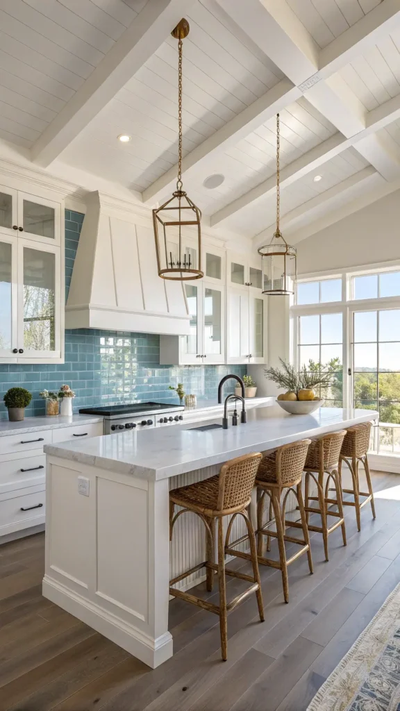 "Sunny coastal kitchen with high ceilings, floor-to-ceiling windows, blue wave-like tile backsplash, white cabinets with black hardware, quartzite waterfall island, wooden bar stools, and decorative vases with dried pampas grass."