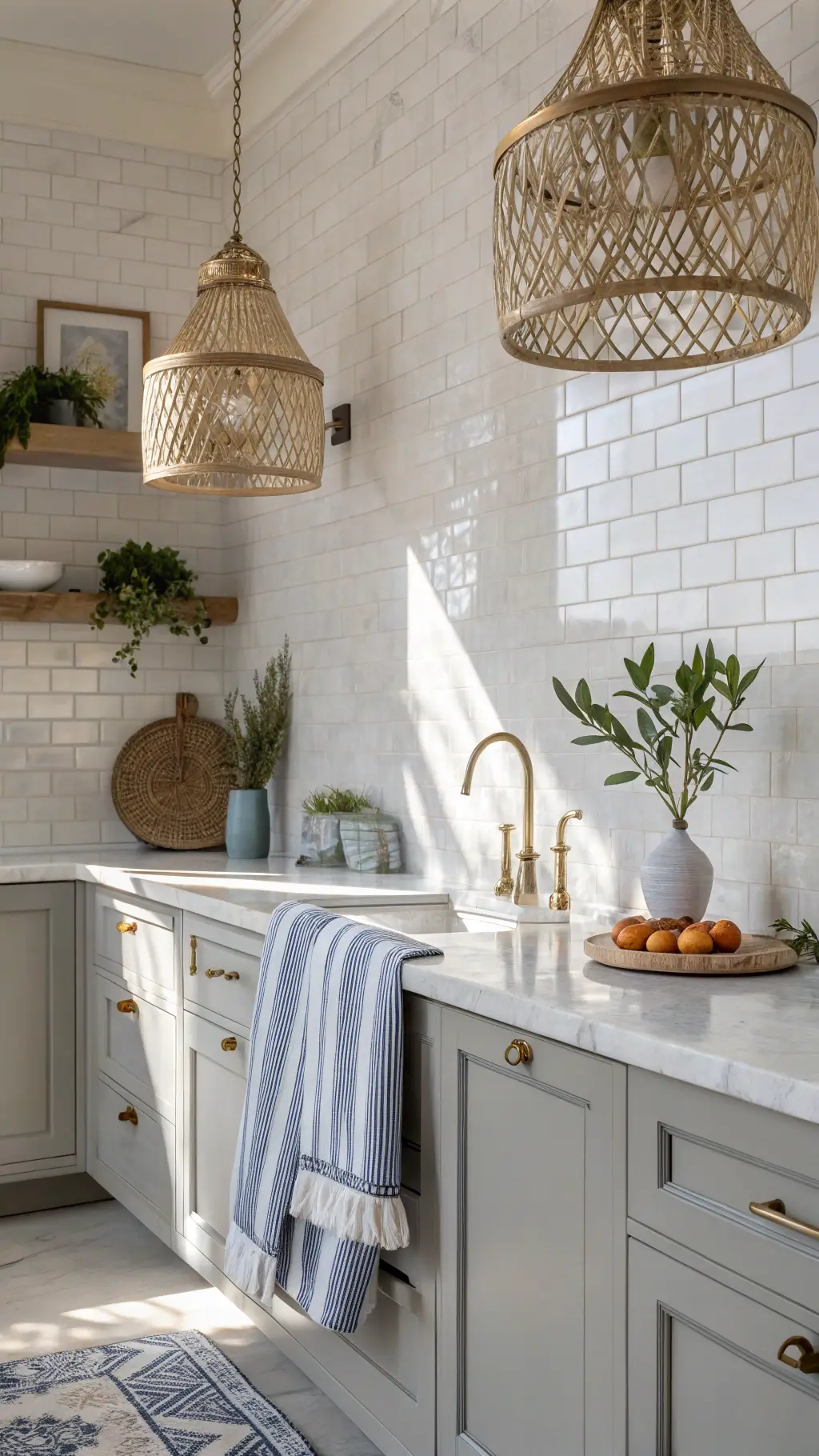 Intimate morning kitchen with sea salt white Zellige tile backsplash, gray cabinets, marble countertops, rattan pendant lights, styled with blue-and-white striped kitchen towels, potted herbs, and vintage glass fishing floats.