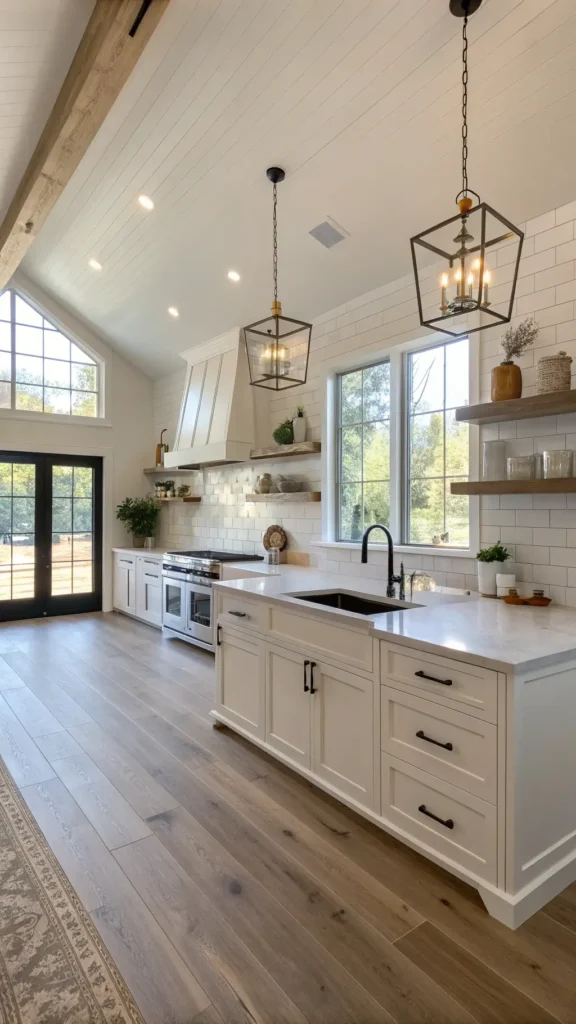 "Bright and airy modern farmhouse kitchen with sunlight streaming through large windows, white shiplap backsplash, quartz waterfall island, brass pendant lights, matte black fixtures, oak floating shelves, and a natural jute runner on oak floors."