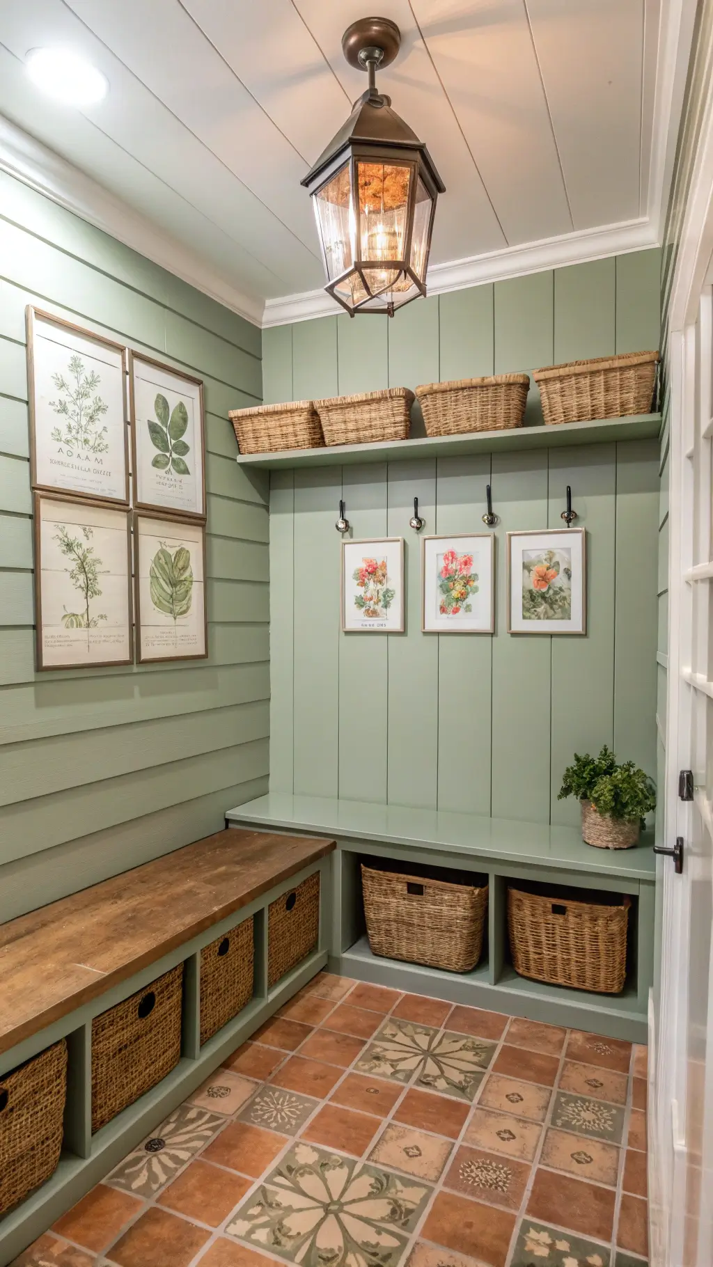 Vintage-inspired mudroom featuring sage green shiplap, terracotta tiles, a built-in bench with baskets, vintage botanic prints and a copper lantern pendant under soft afternoon light.