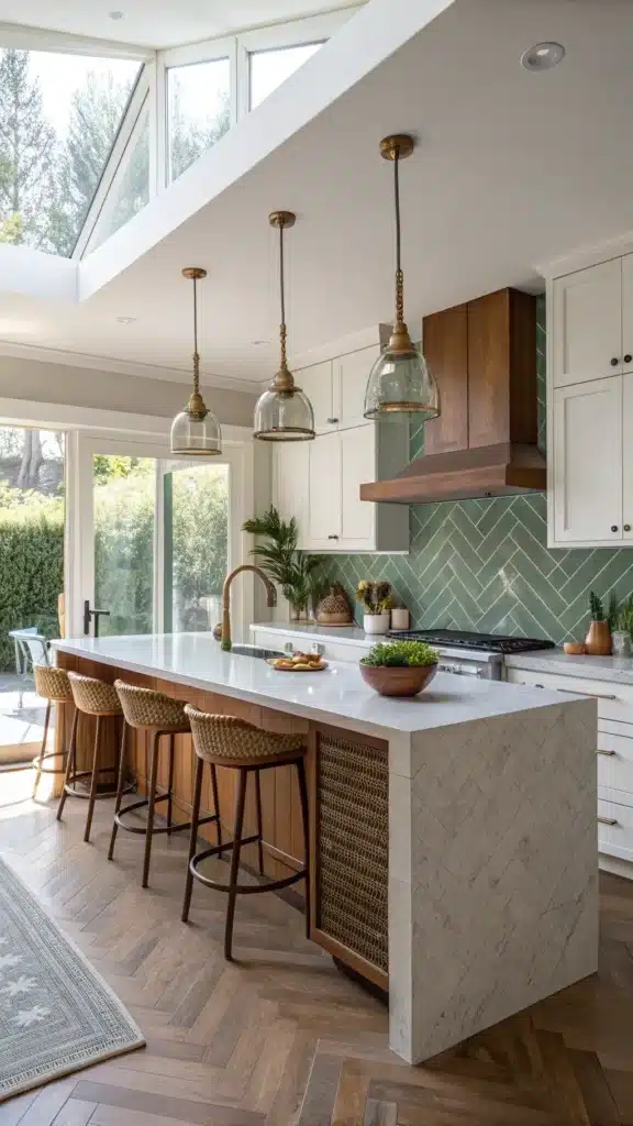 "Spacious modern kitchen with floor-to-ceiling windows, sage green tile backsplash, white quartz countertops, walnut cabinets, marble island with brass pendant lights, featuring woven bar stools, ceramic pottery and fresh herbs in pots under soft morning light."