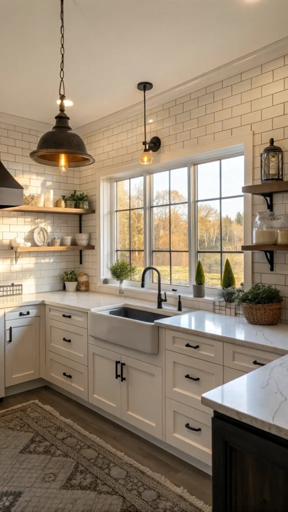 "Modern 12x15ft farmhouse kitchen with white subway tile, black fixtures, floating oak shelves, and marble countertops, illuminated by golden morning light filtering through large window."