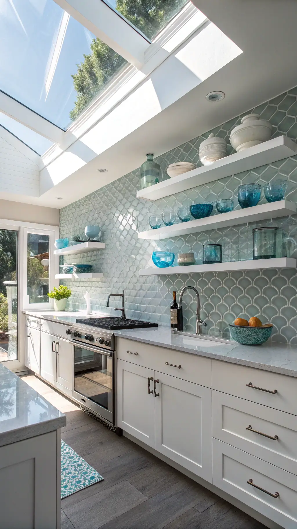 Bright midday sun illuminates a 14x16ft modern coastal kitchen with skylight, highlighting the geometric backsplash pattern of gray-blue glass mosaic tiles, chrome fixtures and floating white shelves displaying coastal artifacts and blue glass collections.