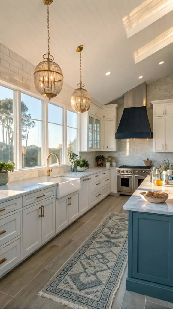 "Sunlit open-concept kitchen with white cabinets, navy island, Carrara marble countertops, and floor-to-ceiling azure glass subway tile backsplash, styled with jute runner and vintage blue glass bottles, during morning golden hour"