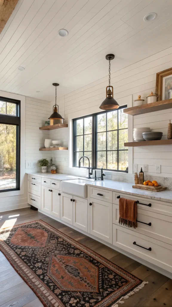 "Modern farmhouse kitchen with golden sunlight through large windows, white shiplap backsplash, black hardware, cream cabinets, wood shelves with ceramics and copper cookware, and vintage Persian runner, shot from a corner angle with key light from windows."