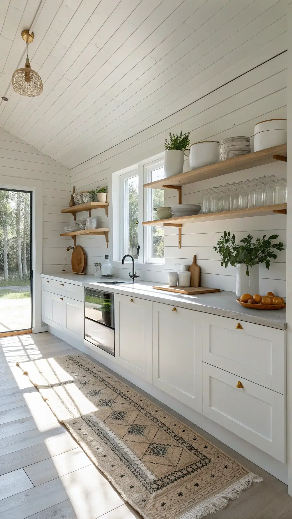 Scandinavian minimalist kitchen bathed in midday light with shiplap walls, blonde wood shelves, ceramics, glassware and vintage rug, viewed from above island with a 35mm lens.