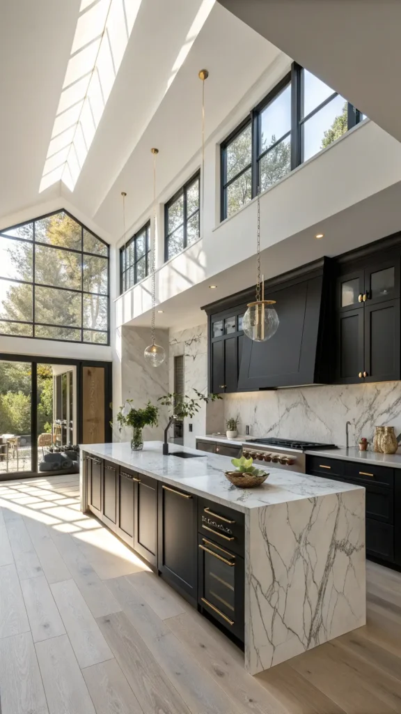 "Sunlit contemporary kitchen with high ceilings, Calacatta marble backsplash, black cabinets, white oak flooring, island with brass pendants, artisan ceramics, and espresso machine"