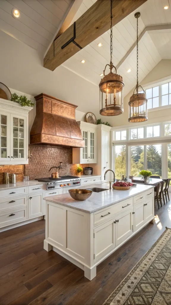 "Sunlit modern farmhouse kitchen with hammered copper backsplash, white shaker cabinets, walnut island, and marble countertops, embellished with vintage copper pots hanging from ceiling rack."
