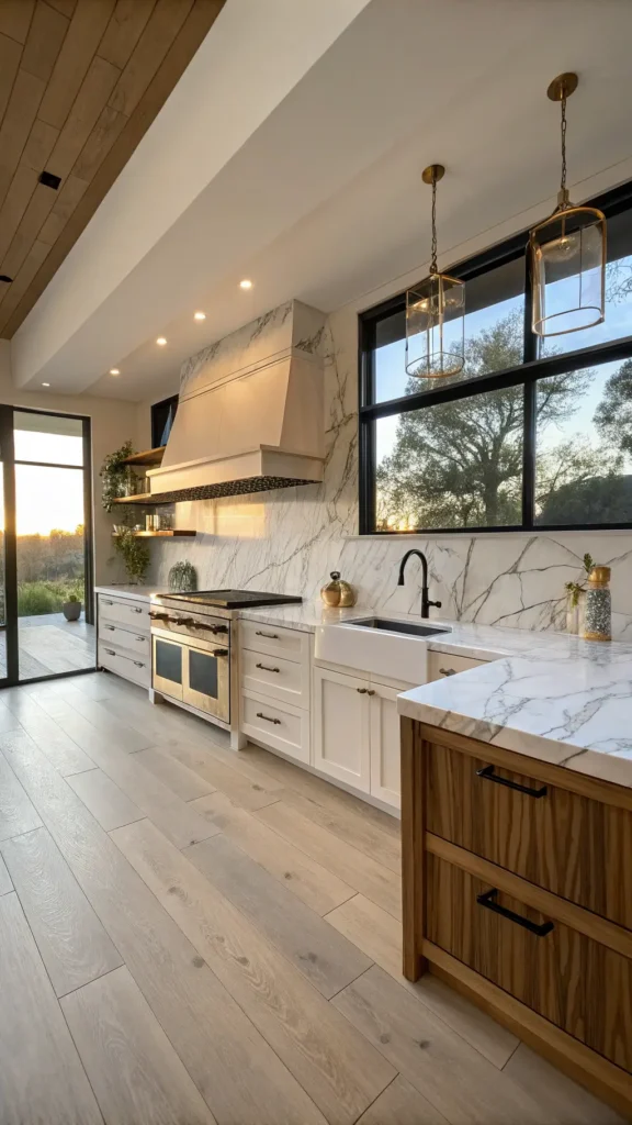 "Sunlit modern kitchen with Calacatta marble backsplash, floor-to-ceiling windows, matte black fixtures, brass hardware, white oak shelves, and warm wood tones in the afternoon light."