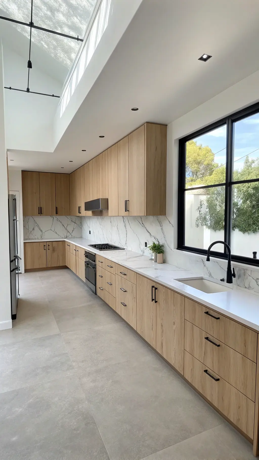 High-angle view of a minimalist Scandinavian kitchen with white quartzite backsplash, bleached oak cabinets, concrete floors, and black accents under bright, even lighting.