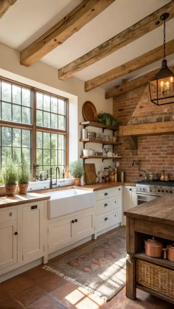 "Sunlit farmhouse kitchen with exposed wooden beams, terracotta brick backsplash, white shaker cabinets, and a butcher block island. Ceramic canisters and dried herbs decorate floating shelves."