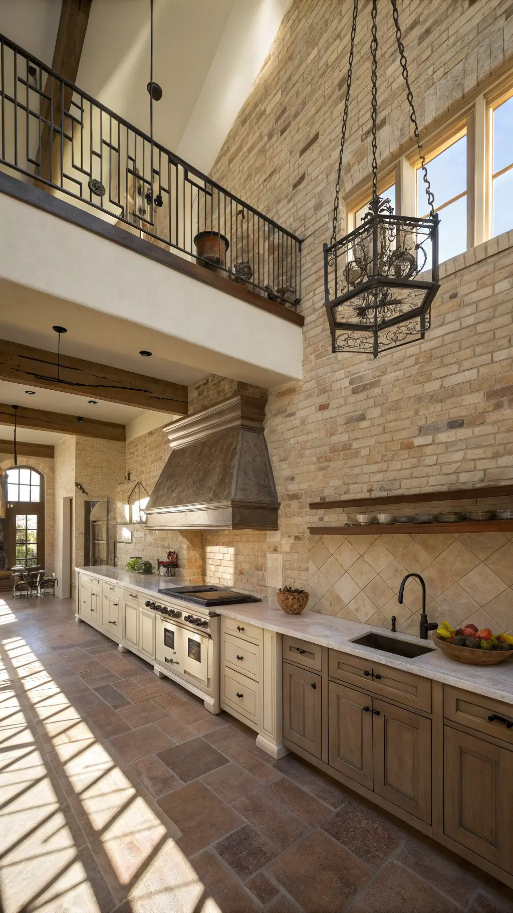 Afternoon light casting shadows on professional kitchen with mezzanine overlook, textured brick backsplash, custom zinc hood, marble topped island with bread boards, and wrought iron pot rack suspended from rafters.