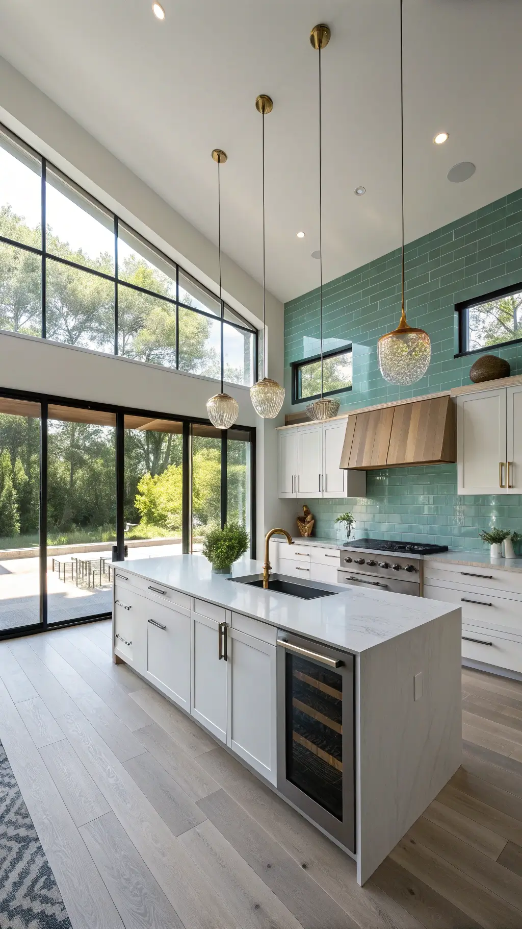 Modern, spacious kitchen with blue-green glass tile backsplash, white quartz waterfall island, grey cabinets, and oak floating shelves, bathed in morning light.