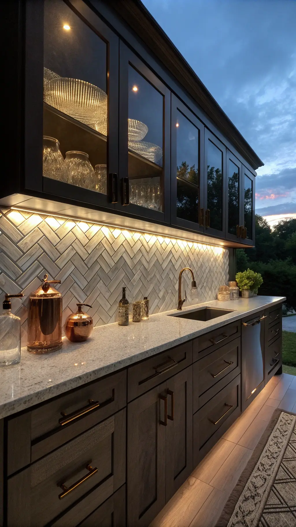 Dramatic under-cabinet LED lighting in an intimate 10x12ft galley kitchen at twilight, highlighting champagne-colored glass mosaic backsplash in herringbone pattern with metallic accents, dark charcoal cabinets, marble countertops, and copper fixtures, with focus on tile detail and vintage crystal decanters on open shelving creating prismatic effects, shot at f/2.8 for atmospheric depth.