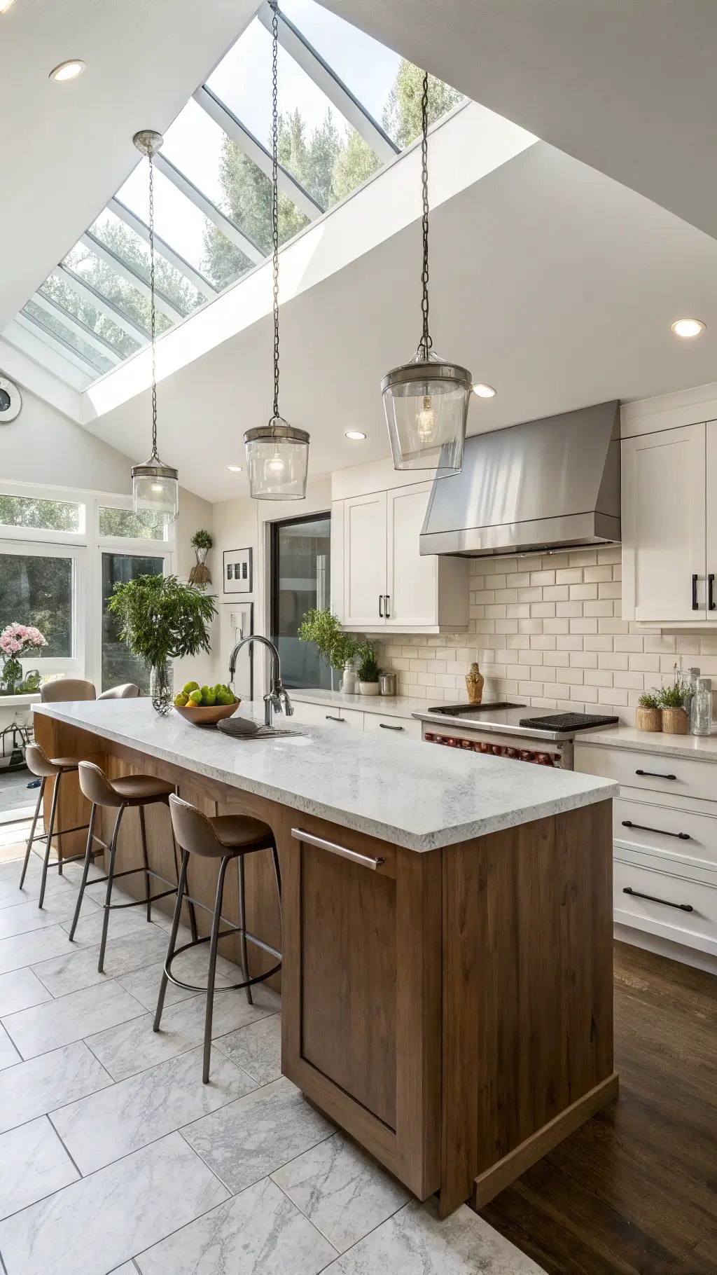 Bright, modern open-concept kitchen with skylight, glass subway tile backsplash, marble island, walnut cabinets, and fresh herbs in concrete planters photographed for clarity and detail