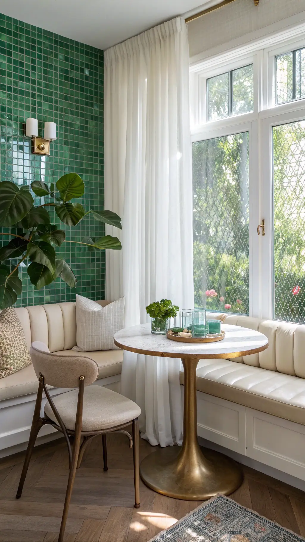 Emerald green penny tiled breakfast nook with cream banquette, round brass table, vintage glassware on floating shelves, and fiddle leaf fig in morning light through sheer curtains