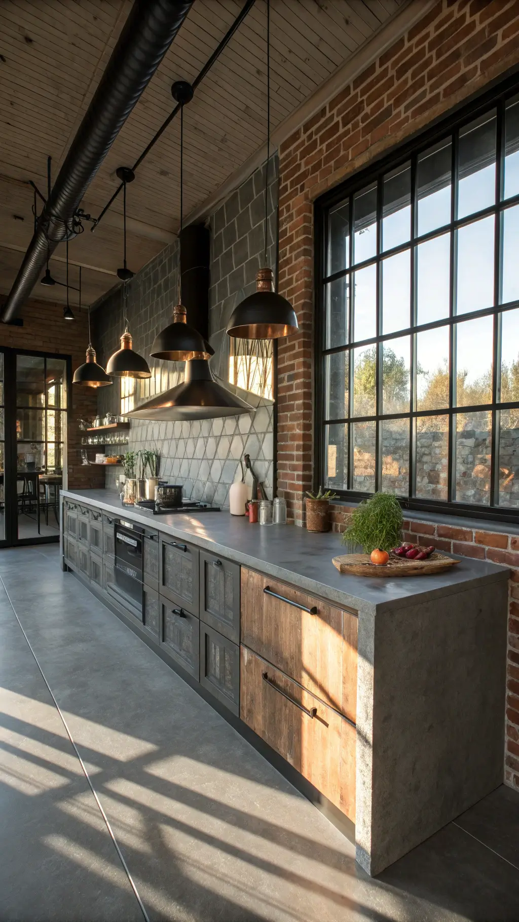 Industrial-chic kitchen with exposed brick and geometric glass tile backsplash, black steel-framed windows and concrete countertops in late afternoon light casting long shadows.