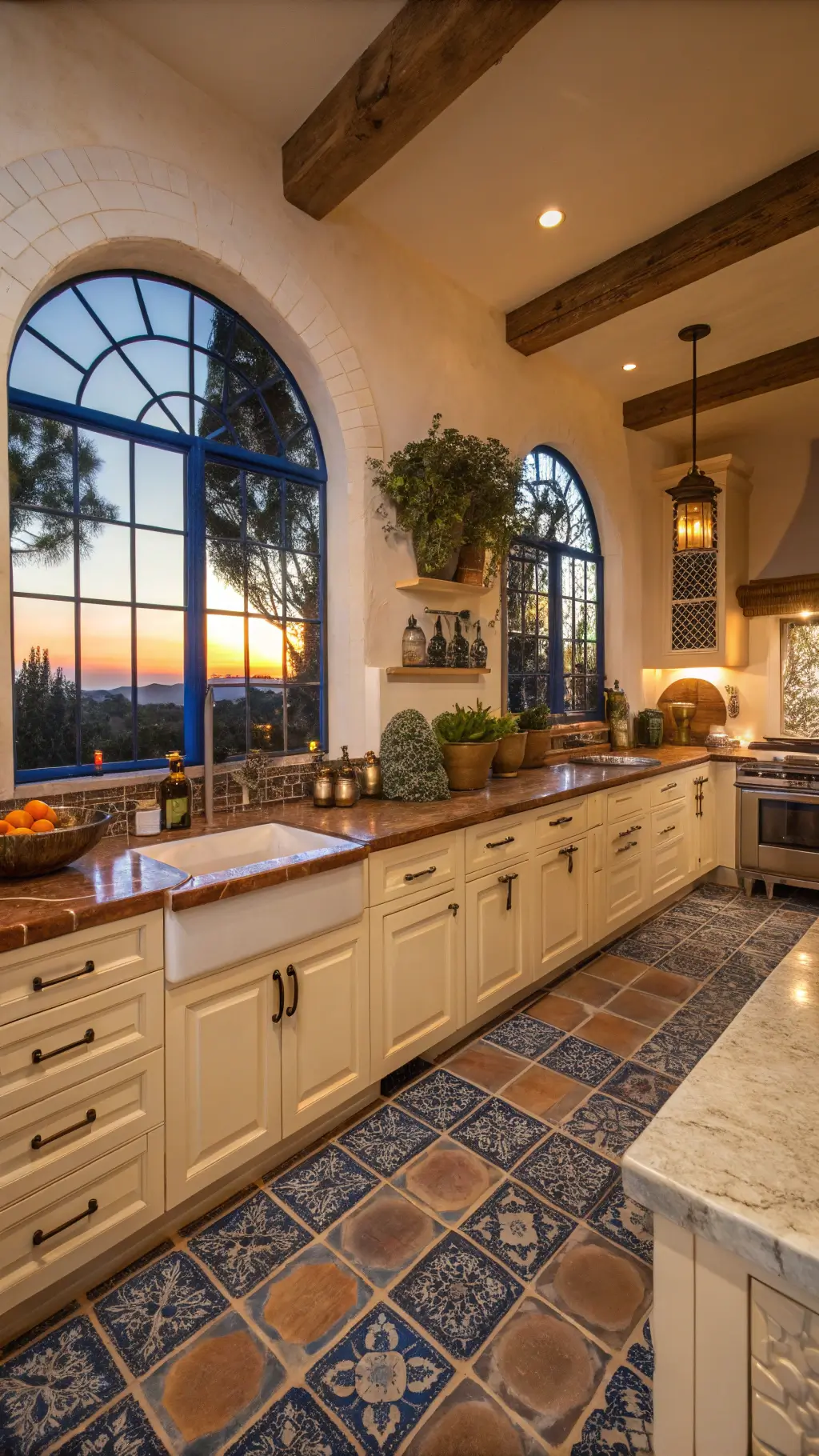 Mediterranean-style kitchen with sunset glow illuminating cobalt blue glass tiles, Spanish tile flooring, and cream cabinets with bronze hardware under 12x16ft high arched windows, with terracotta pots of herbs and vintage olive oil bottles ending a picturesque scene.