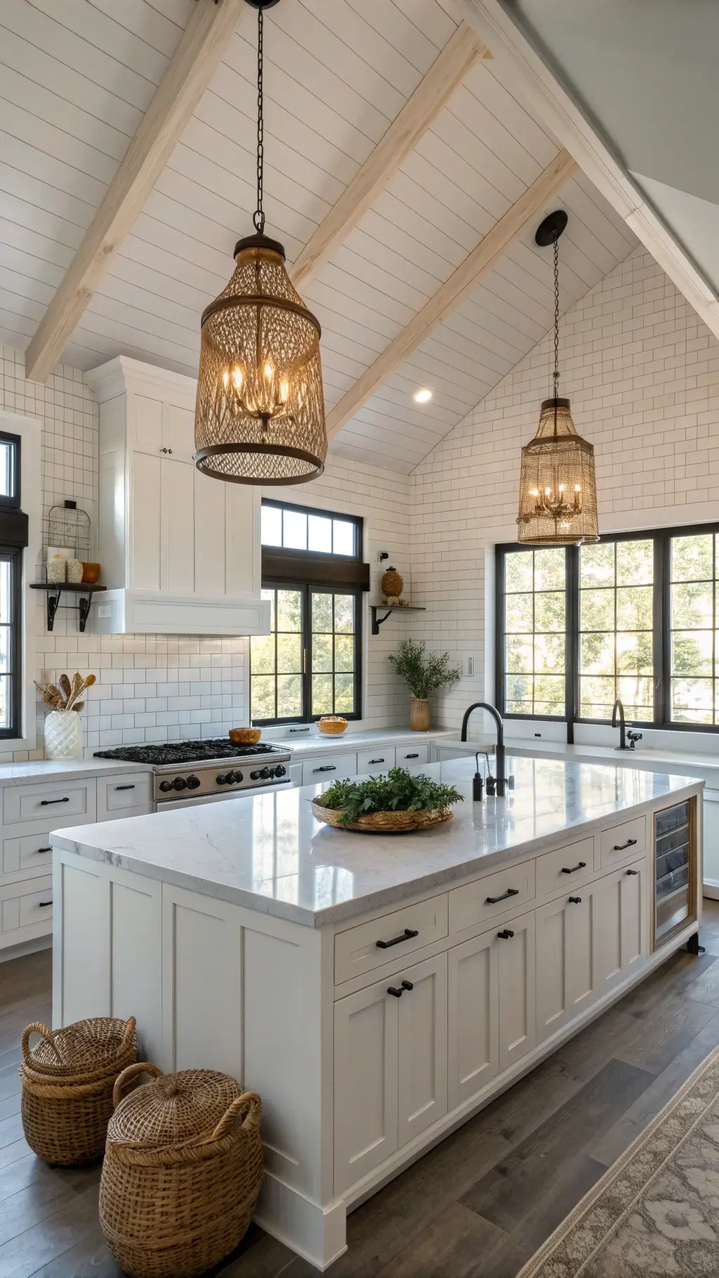 Early morning light illuminating a modern 16x20ft farmhouse kitchen with white glass subway tiles extending to a vaulted ceiling, shiplap accent wall, black windows, and aged brass fixtures. The kitchen includes a massive island with a soapstone top featuring woven baskets and ceramic crocks, shot at a high ceiling level at f/8 in crisp light.