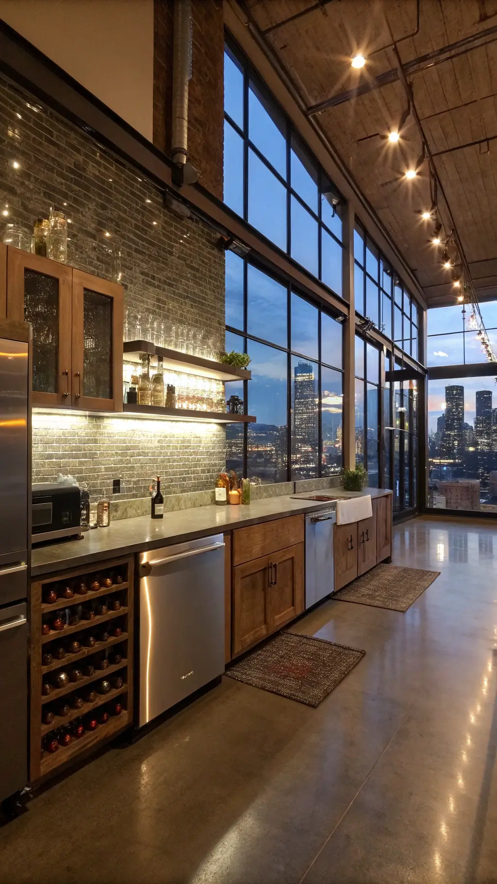 Urban loft kitchen with bronze and copper metallic glass mosaic tiles, polished concrete floors, steel beams, floating wood shelves, professional-grade stainless appliances, glass wine wall feature, and city lights view through large windows, captured in wide-angle during evening city glow.