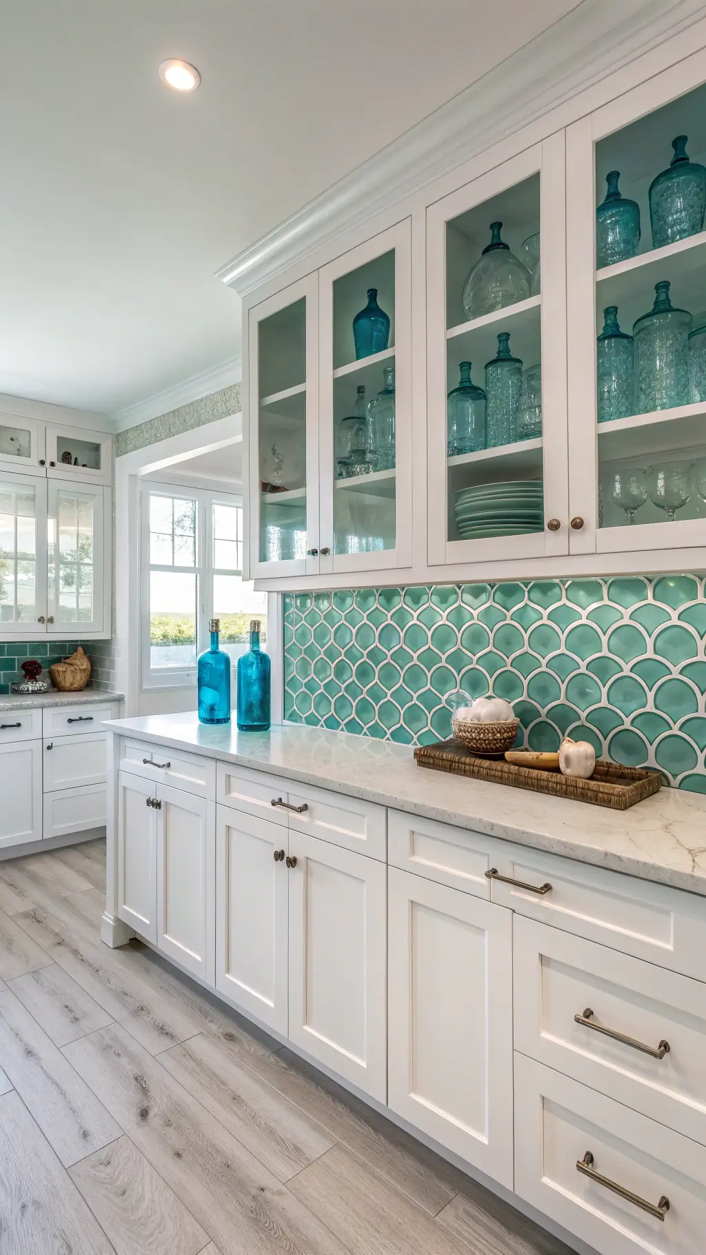 Coastal kitchen with aqua glass tile waves, white Shaker cabinets with rope pulls, and driftwood open shelving displaying shell collections. Floor features whitewashed oak and carefully positioned blue glass bottles catch diffused afternoon light, giving an airy beach house feel.