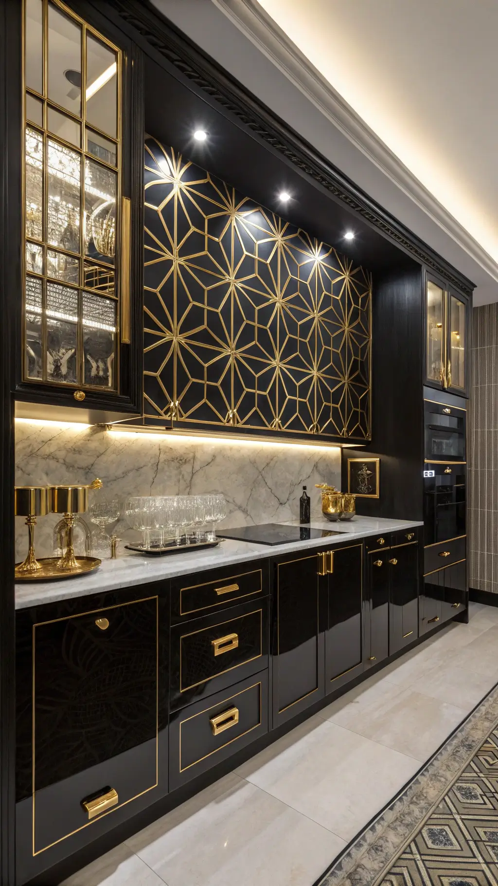 Art Deco inspired 12x14ft kitchen with black and gold geometric glass tile pattern, high-gloss black cabinets with brass hardware, marble counters, mirrored backsplash inserts, crystal decanters on vintage bar cart, lit by dramatic evening glamour lighting.