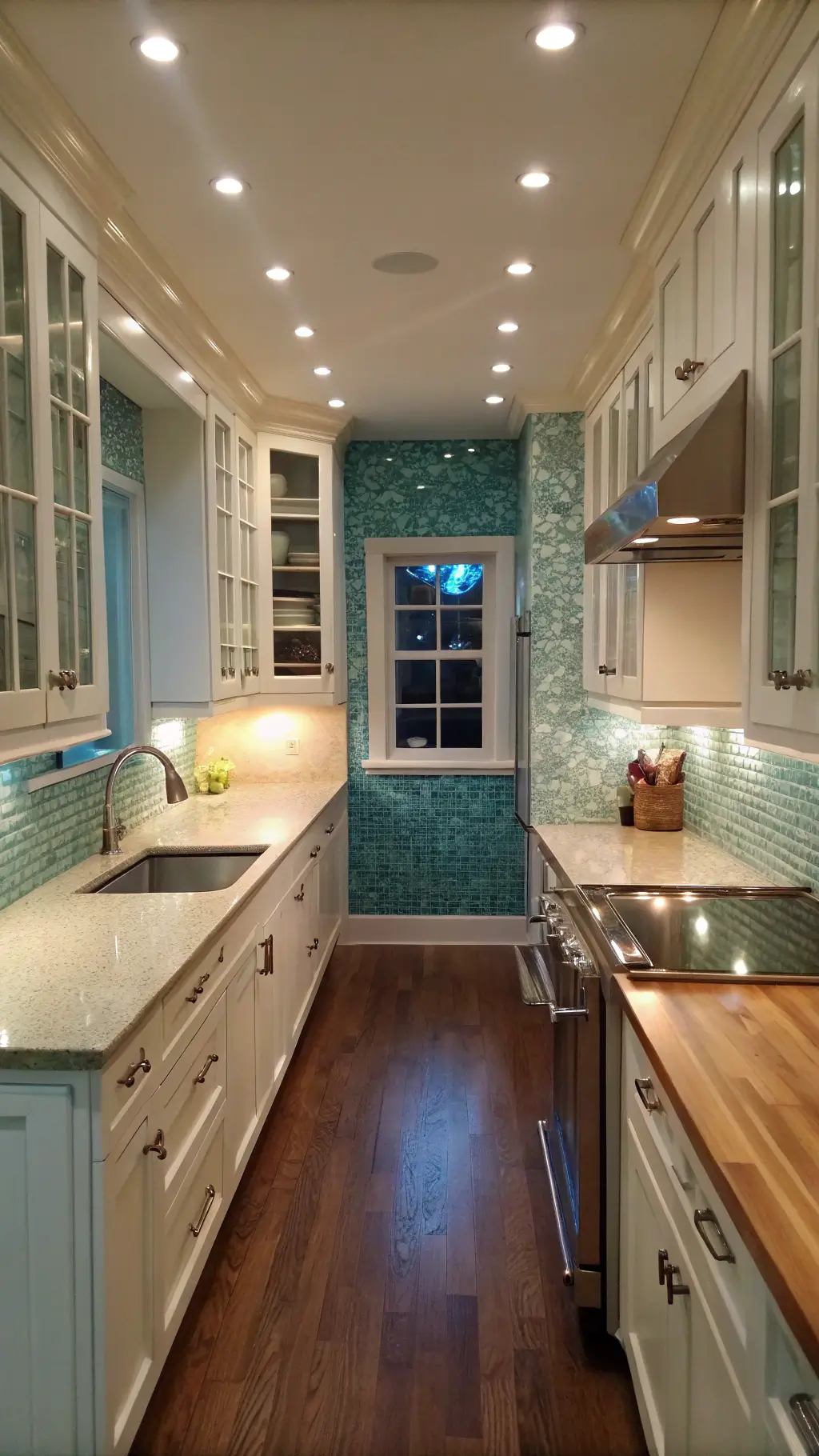 Intimate galley kitchen with cream cabinets, aqua glass mosaic backsplash under recessed lighting, white open shelves with ceramics, and butcher block counters during blue hour.