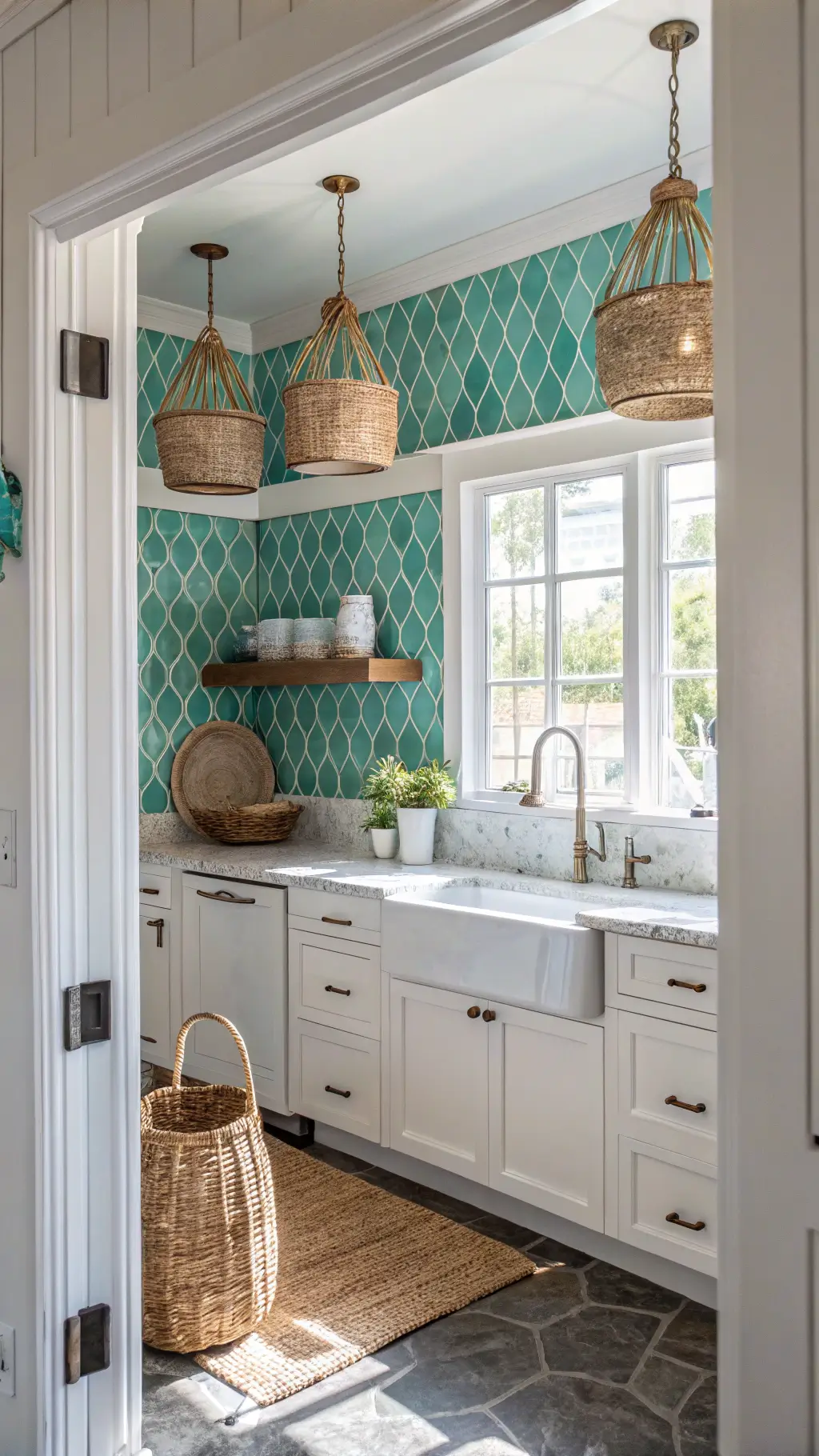 Bright, coastal cottage kitchen with turquoise fish scale tiles, white farmhouse sink, weathered cabinets, marble counters, and rope pendant lights