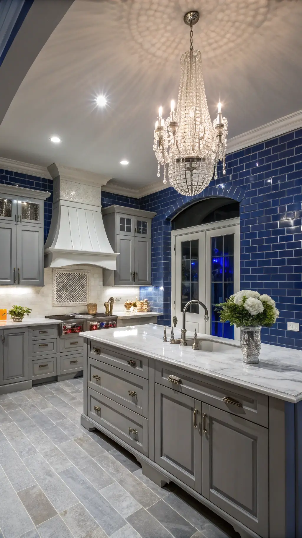 Transitional Luxe kitchen with sapphire blue subway tiles, dove grey cabinets, marble surfaces, and crystal chandelier illuminated with dramatic accent lighting at twilight.