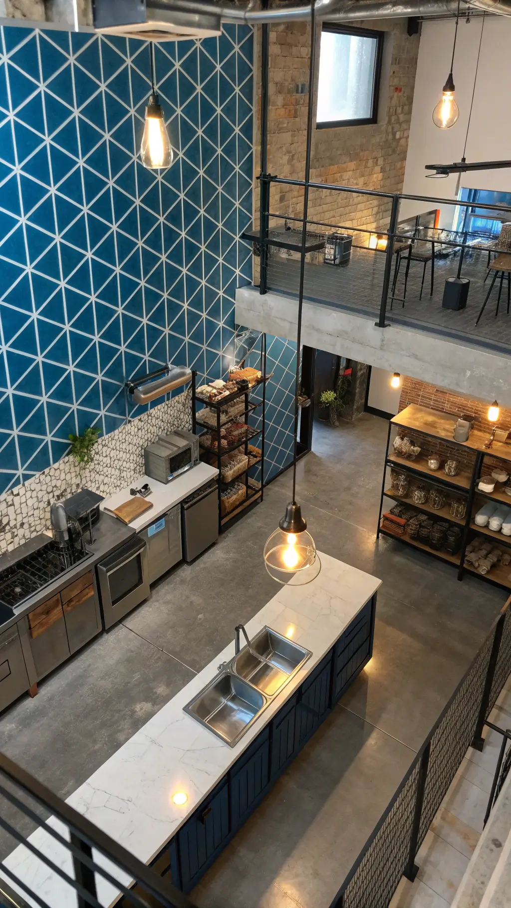 Bird's eye view of a busy urban loft kitchen featuring electric blue geometric tiles, industrial black metal shelving, stainless appliances, concrete counters, and warm Edison bulb lighting during morning rush hour.
