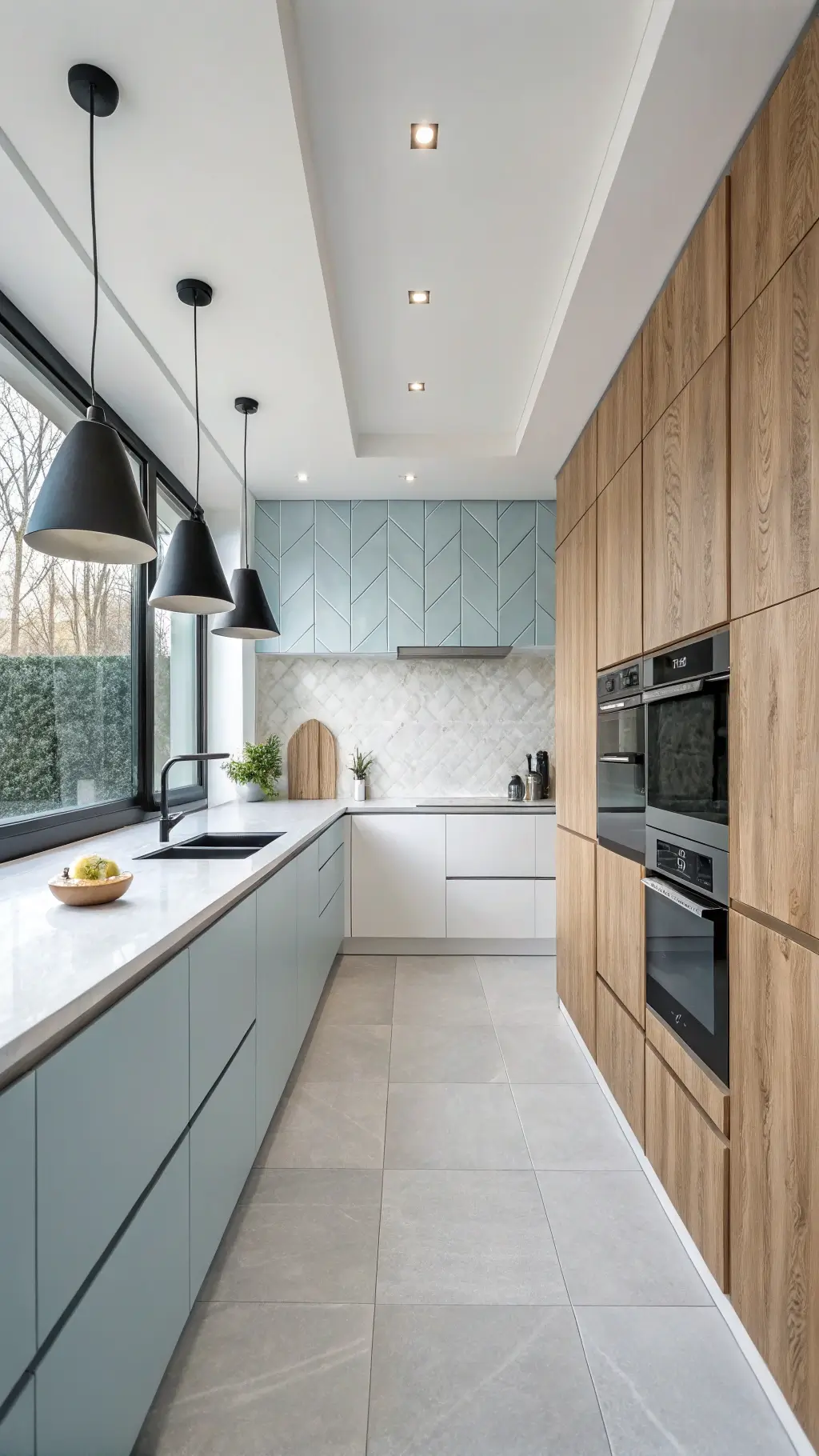 Meticulously designed Nordic minimal kitchen with blonde wood cabinets, white stone counters, ice-blue tiles, and black accents during a winter morning