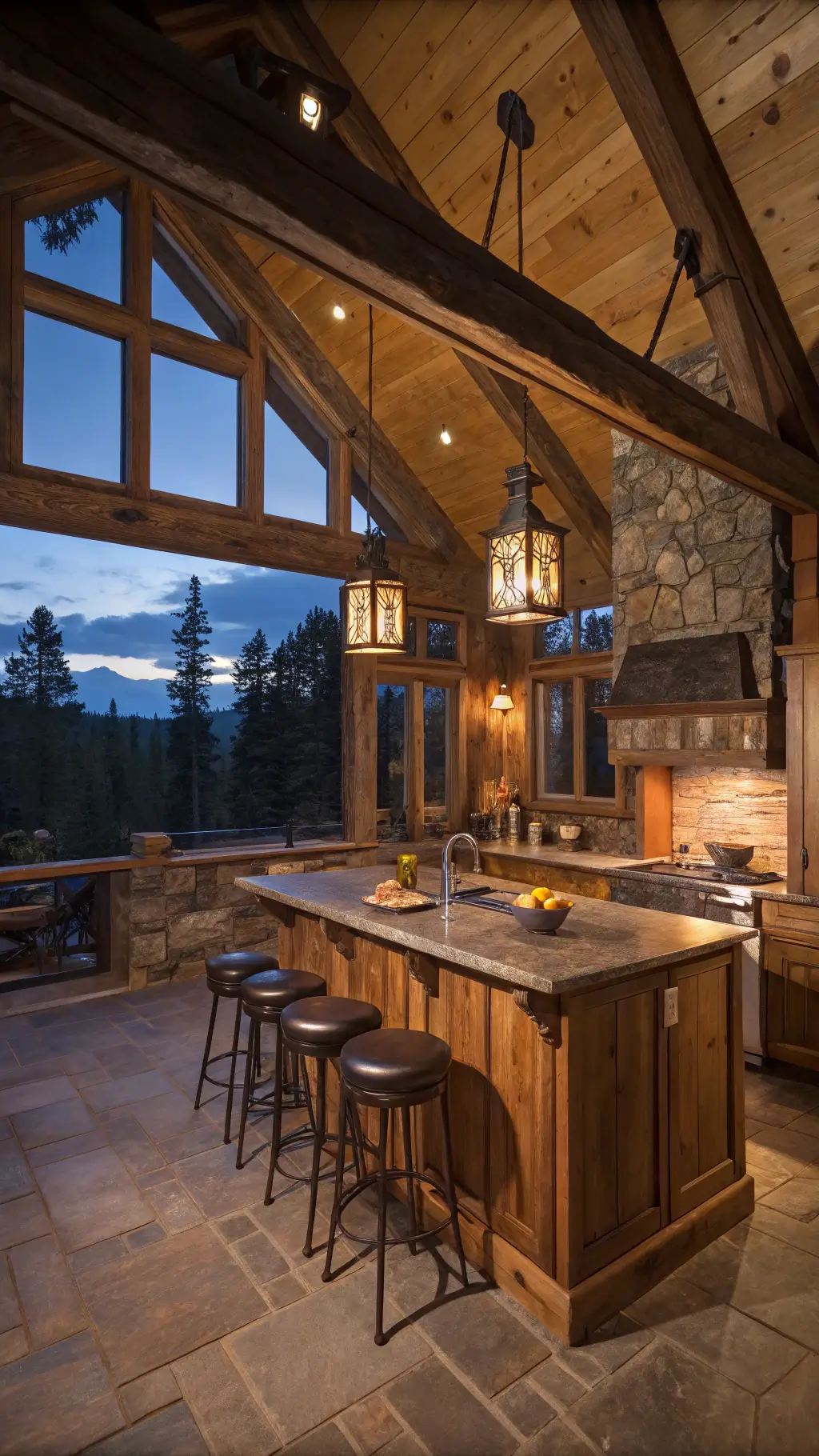 Rustic mountain cabin kitchen with timber frame, river rock and copper backsplash, knotty alder cabinets, leather bar stools, and iron pendant lights, highlighted by dramatic dusk lighting and shadows.