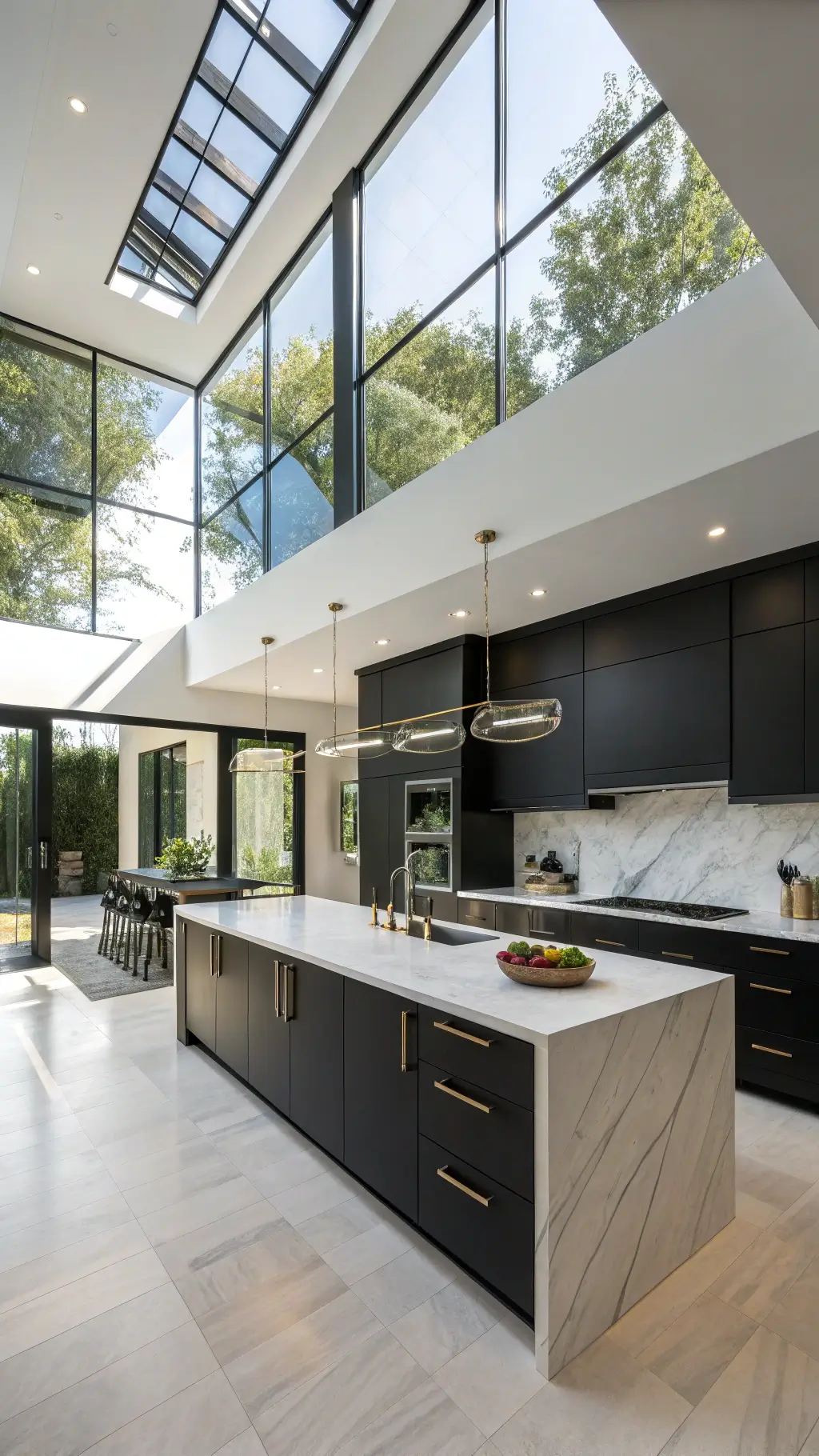Modern kitchen with high ceilings, black glass backsplash, white quartz island, matte black cabinets with brass hardware, glowing under-cabinet LED lighting, captured in a mix of cool morning light and warm artificial light.