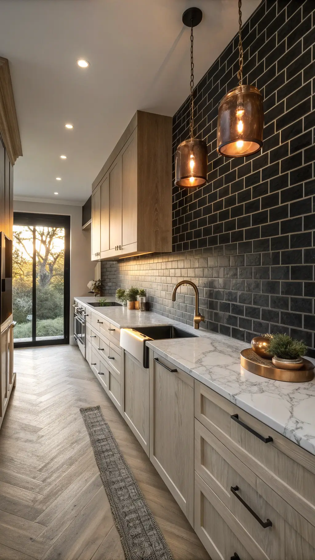 Corner view of an intimate 8x12ft galley kitchen with floor-to-ceiling textured black ceramic brick-pattern backsplash, natural white oak cabinets, copper pendant lights, and marble countertops, bathed in the warm glow of golden hour.